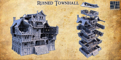 Ruined Townhall - Tabletop Terrain - 28 MM, Tabletop 3D Printed Terrain by MiniatureLand, Perfect for Wargaming and RPGs