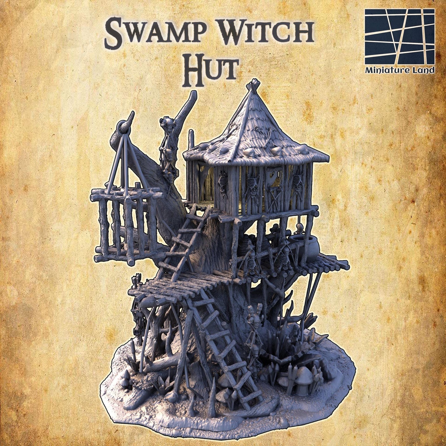 Swamp Witch Hut - Tabletop Terrain - 28 MM, Tabletop 3D Printed Terrain by MiniatureLand, Perfect for Wargaming and RPGs