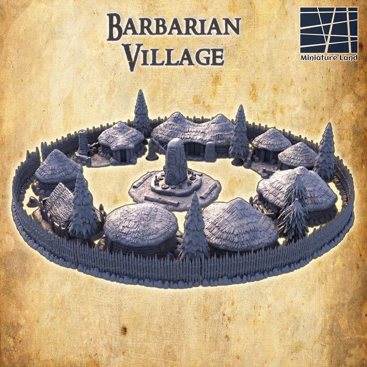Barbarian Village - Tabletop Terrain - 28 MM, Tabletop 3D Printed Terrain by MiniatureLand, Perfect for Wargaming and RPGs