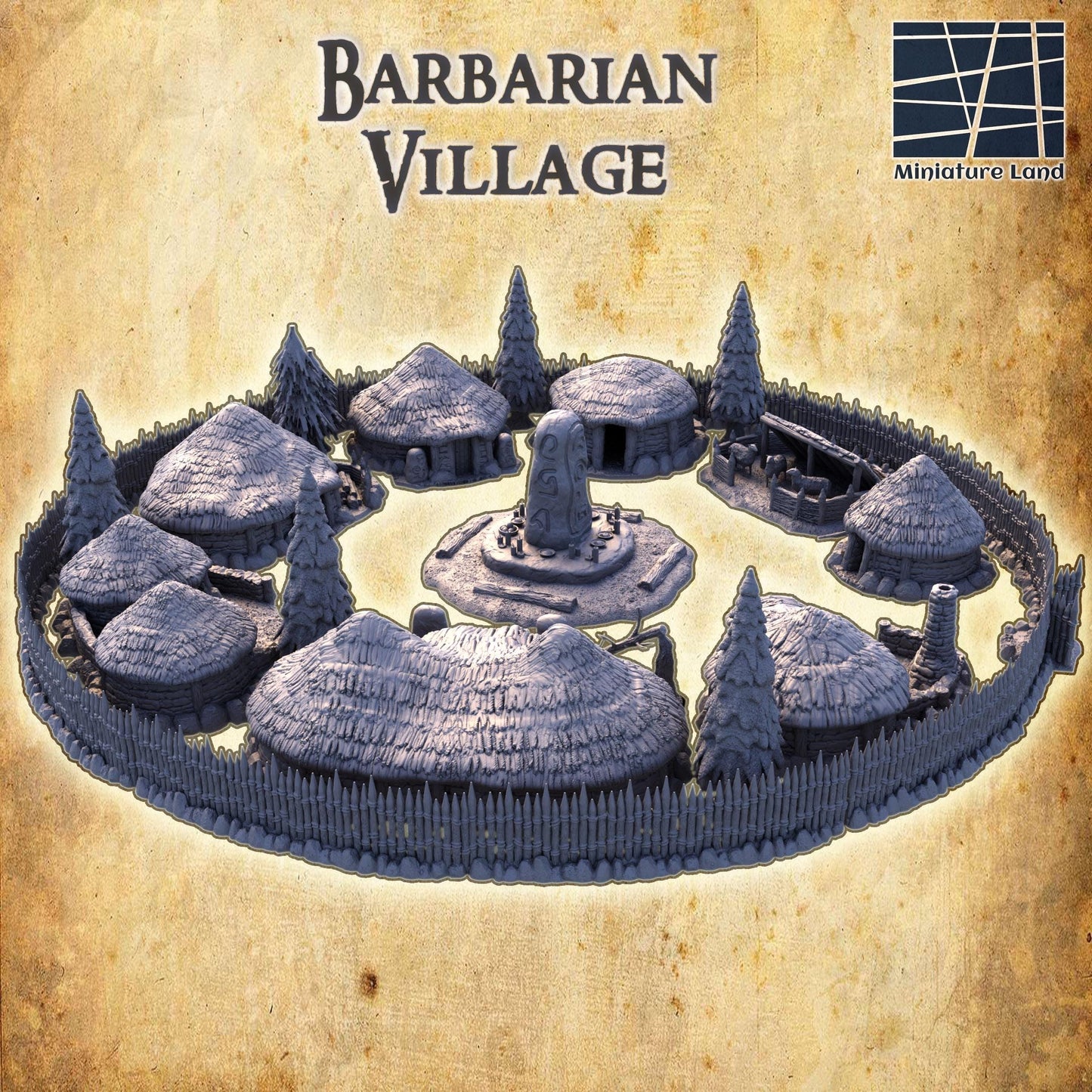 Barbarian Village - Tabletop Terrain - 28 MM, Tabletop 3D Printed Terrain by MiniatureLand, Perfect for Wargaming and RPGs