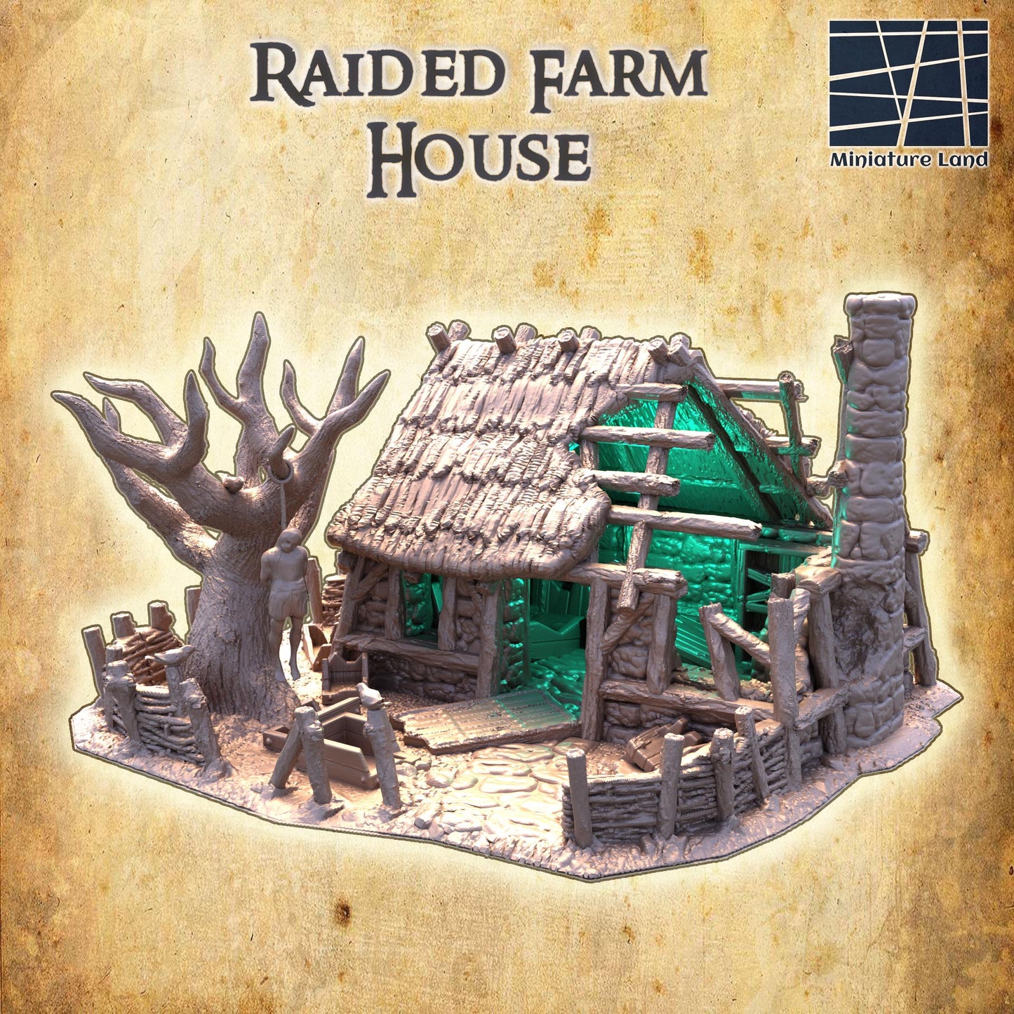 Raided Farm House - Tabletop Terrain - 28 MM, Tabletop 3D Printed Terrain by MiniatureLand, Perfect for Wargaming and RPGs