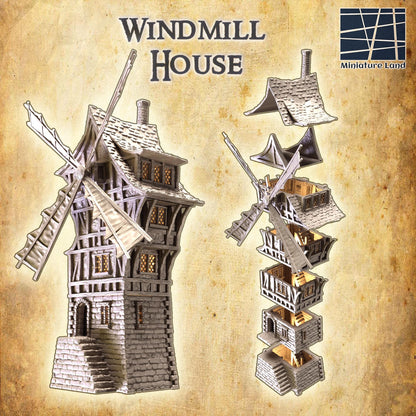 Windmill House - Tabletop Terrain - 28 MM, Tabletop 3D Printed Terrain by MiniatureLand, Perfect for Wargaming and RPGs
