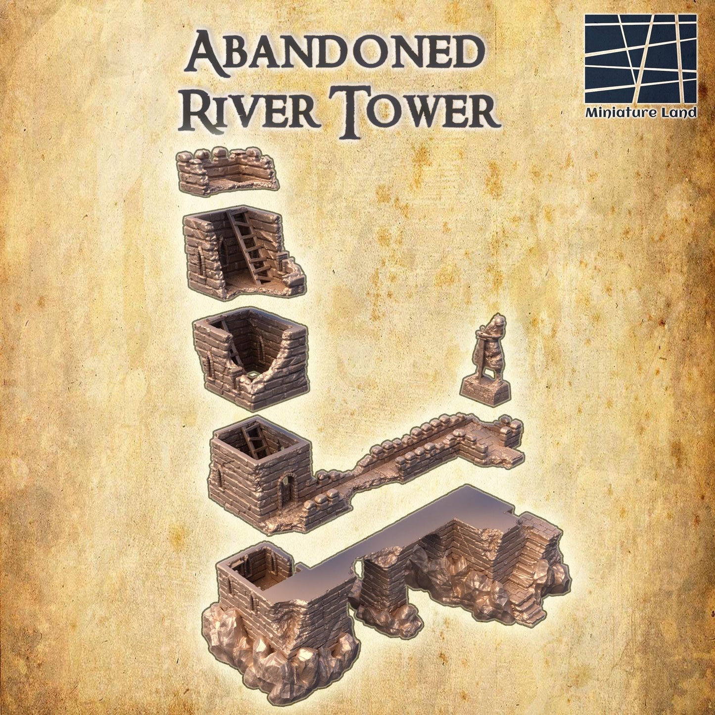 Abandoned River Tower - Tabletop Terrain - 28 MM, Tabletop 3D Printed Terrain by MiniatureLand, Perfect for Wargaming and RPGs