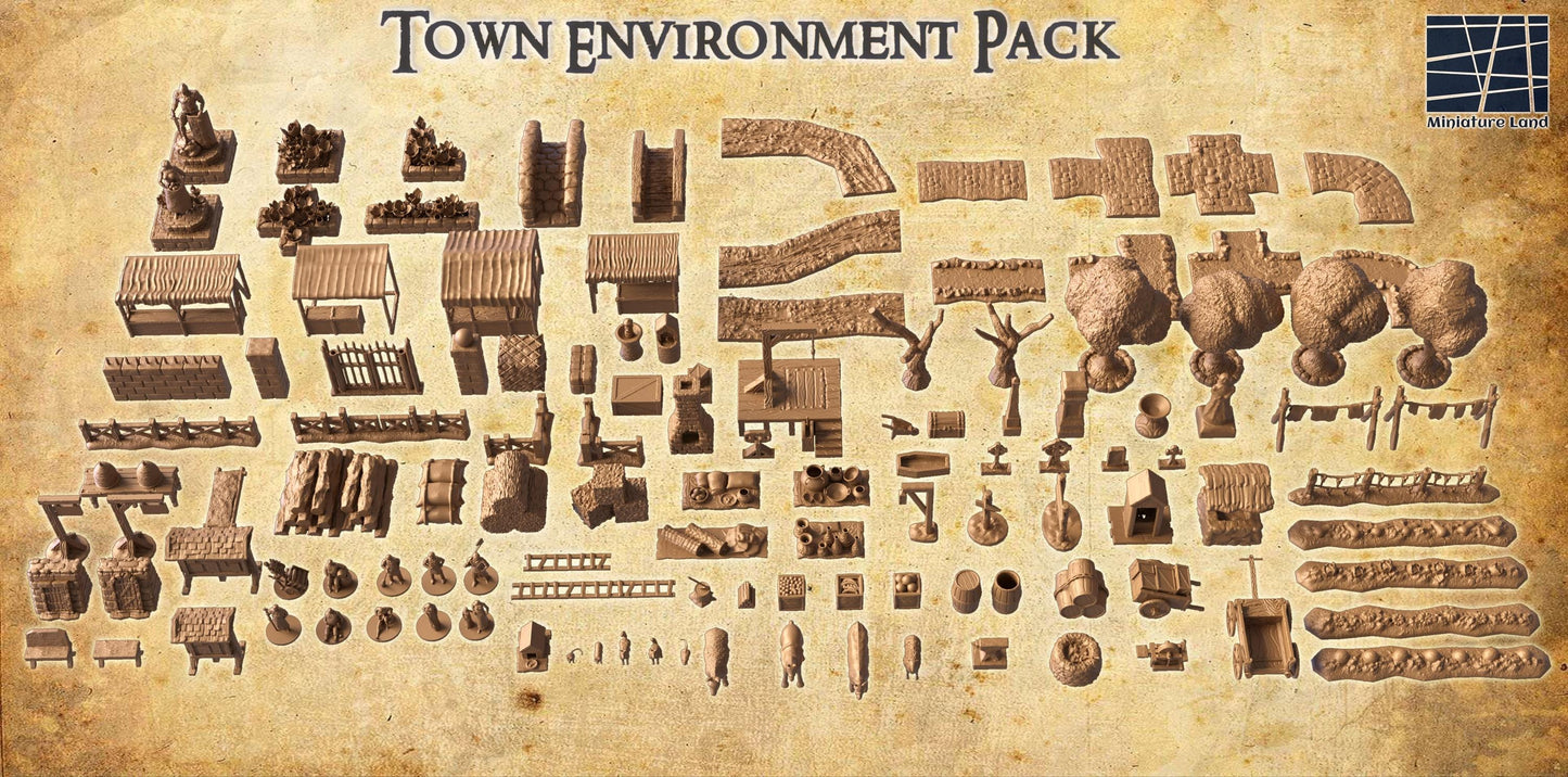 Town Environment Pack - Tabletop Terrain - 28 MM, Tabletop 3D Printed Terrain by MiniatureLand, Perfect for Wargaming and RPGs