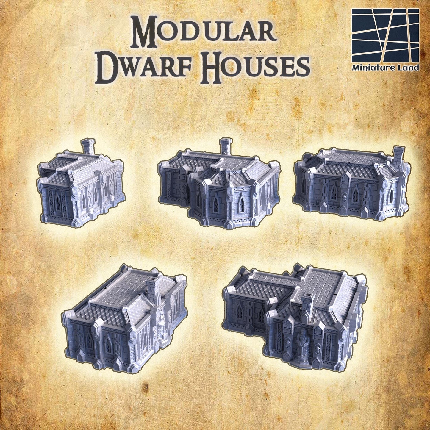 Dwarf Houses - Tabletop Terrain - 28 MM, Tabletop 3D Printed Terrain by MiniatureLand, Perfect for Wargaming and RPGs