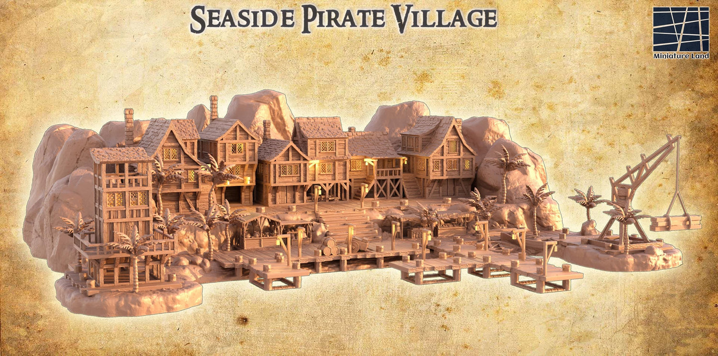 Seaside Pirate Village - Tabletop Terrain - 28 MM, Tabletop 3D Printed Terrain by MiniatureLand, Perfect for Wargaming and RPGs