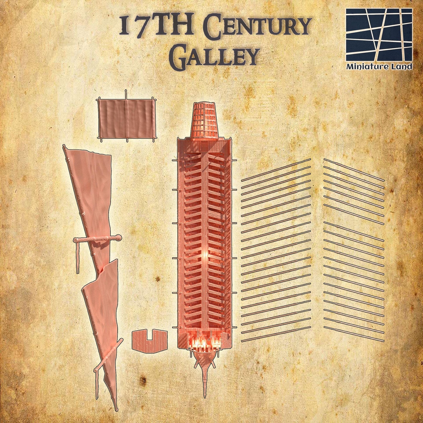 17th Century Galley - Tabletop Terrain - 28 MM, Tabletop 3D Printed Terrain by MiniatureLand, Perfect for Wargaming and RPGs