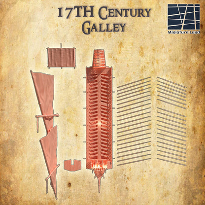 17th Century Galley - Tabletop Terrain - 28 MM, Tabletop 3D Printed Terrain by MiniatureLand, Perfect for Wargaming and RPGs