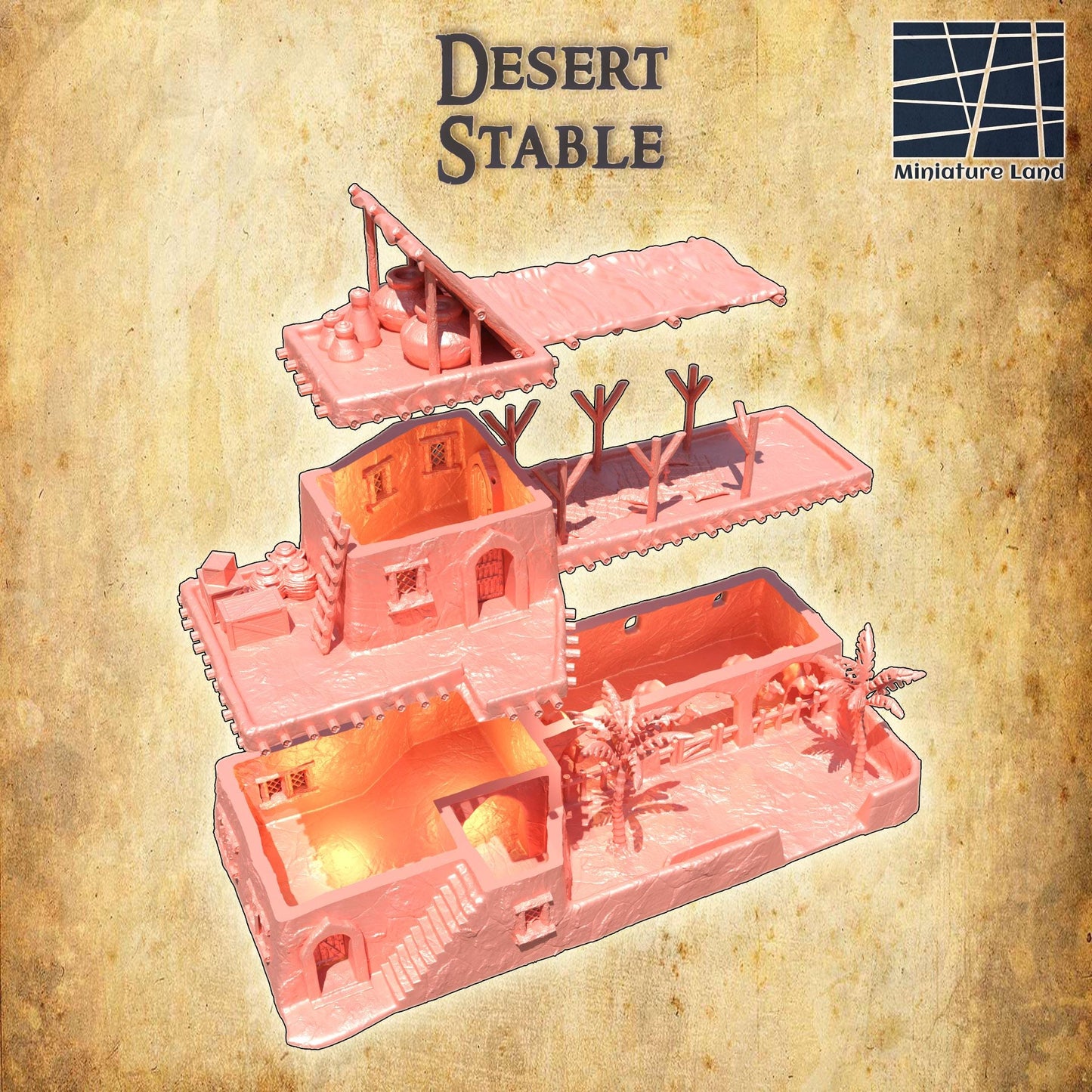 Desert Stable - Tabletop Terrain - 28 MM, Tabletop 3D Printed Terrain by MiniatureLand, Perfect for Wargaming and RPGs