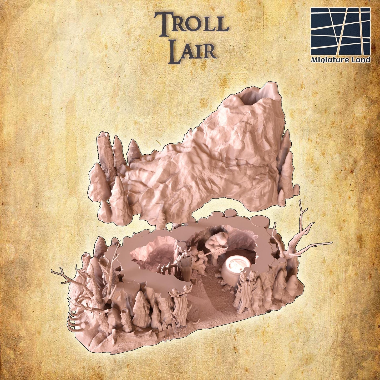 Troll Lair - Tabletop Terrain - 28 MM, Tabletop 3D Printed Terrain by MiniatureLand, Perfect for Wargaming and RPGs