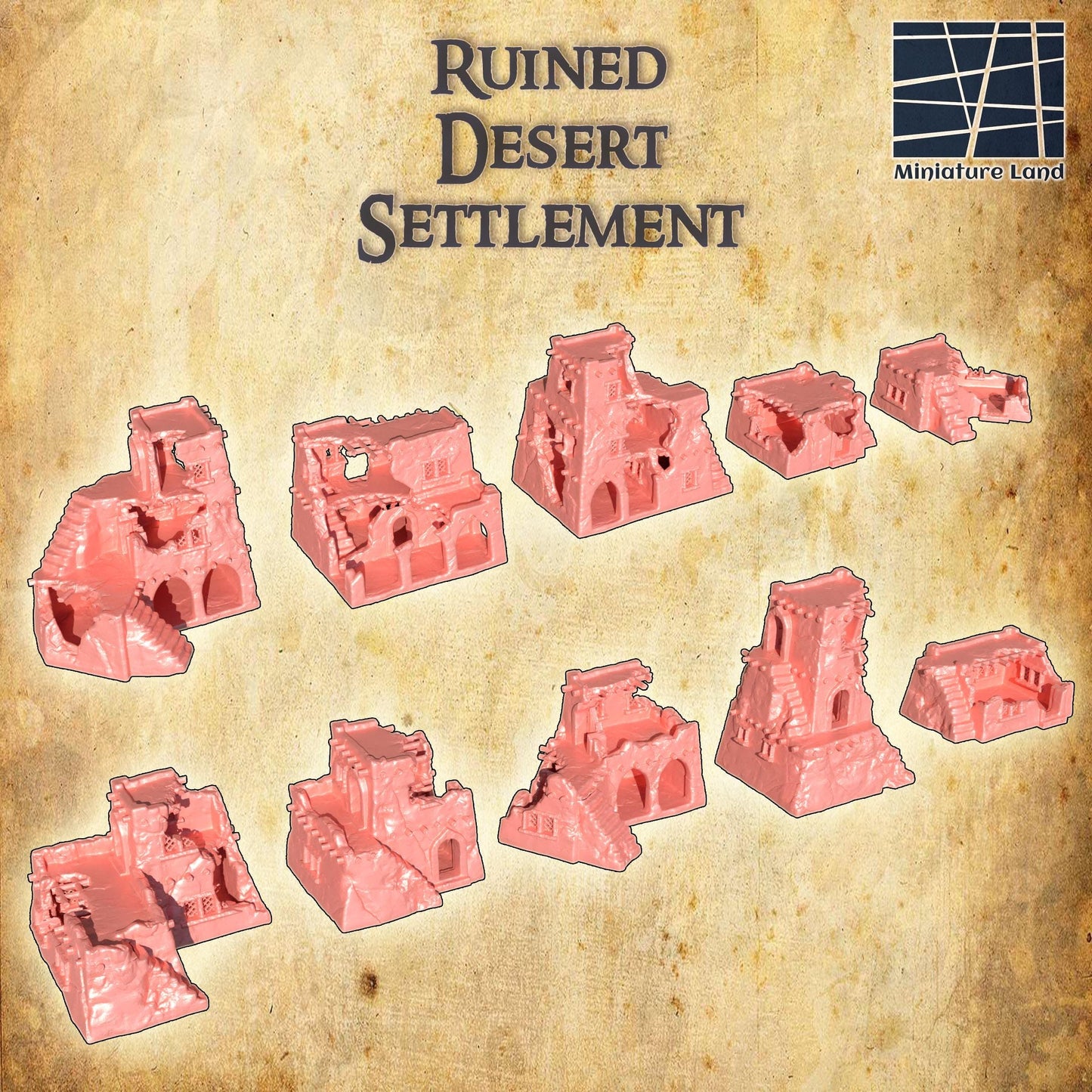 Ruined Desert Settlement - Tabletop Terrain - 28 MM, Tabletop 3D Printed Terrain by MiniatureLand, Perfect for Wargaming and RPGs