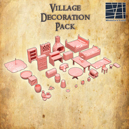 Village Decoration Pack 30 Object, Tabletop 3D Printed Terrain by MiniatureLand, Perfect for Wargaming and RPGs