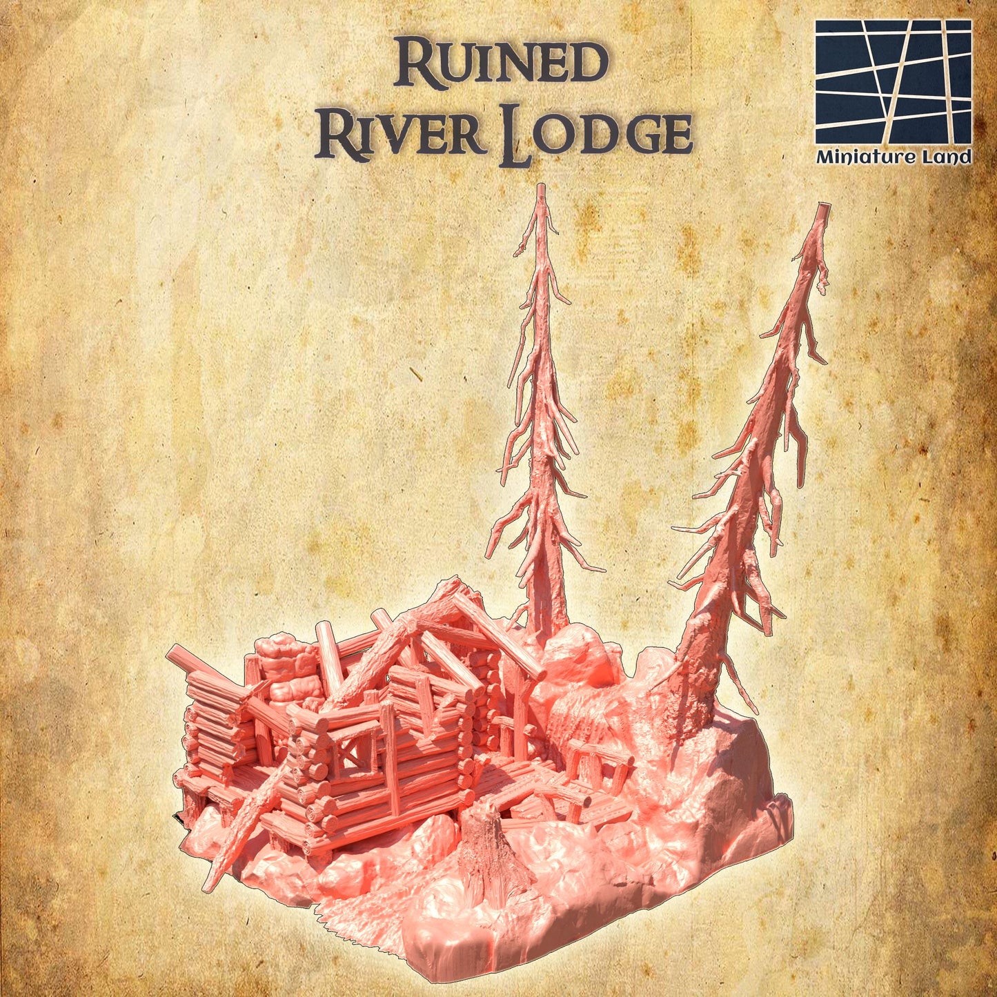Ruined River Lodge - Tabletop Terrain - 28 MM, Tabletop 3D Printed Terrain by MiniatureLand, Perfect for Wargaming and RPGs