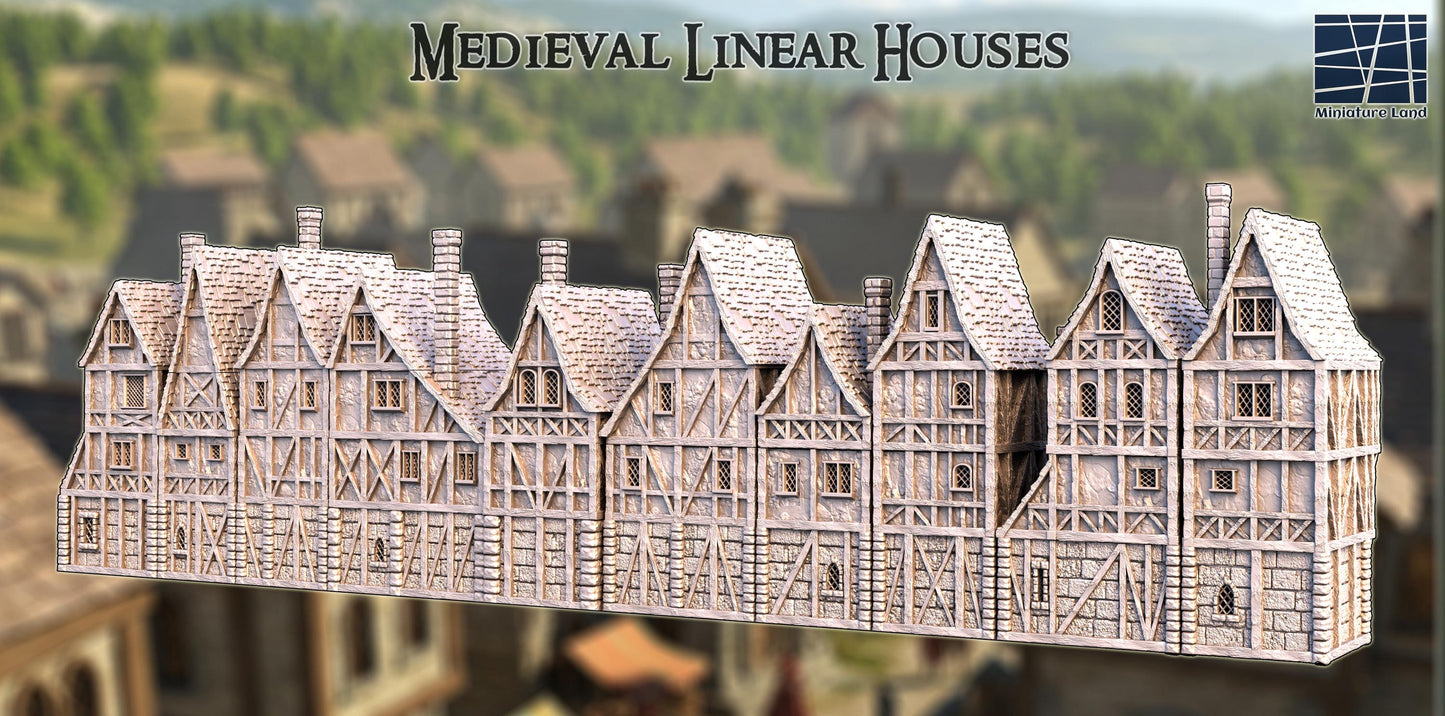 Medieval Linear Houses - Tabletop Terrain - 28 MM, Tabletop 3D Printed Terrain by MiniatureLand, Perfect for Wargaming and RPGs