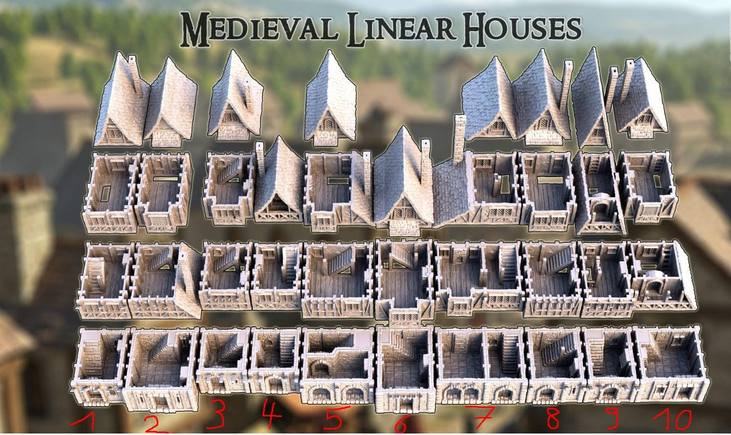 Medieval Linear Houses - Tabletop Terrain - 28 MM, Tabletop 3D Printed Terrain by MiniatureLand, Perfect for Wargaming and RPGs