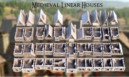 Medieval Linear Houses - Tabletop Terrain - 28 MM, Tabletop 3D Printed Terrain by MiniatureLand, Perfect for Wargaming and RPGs