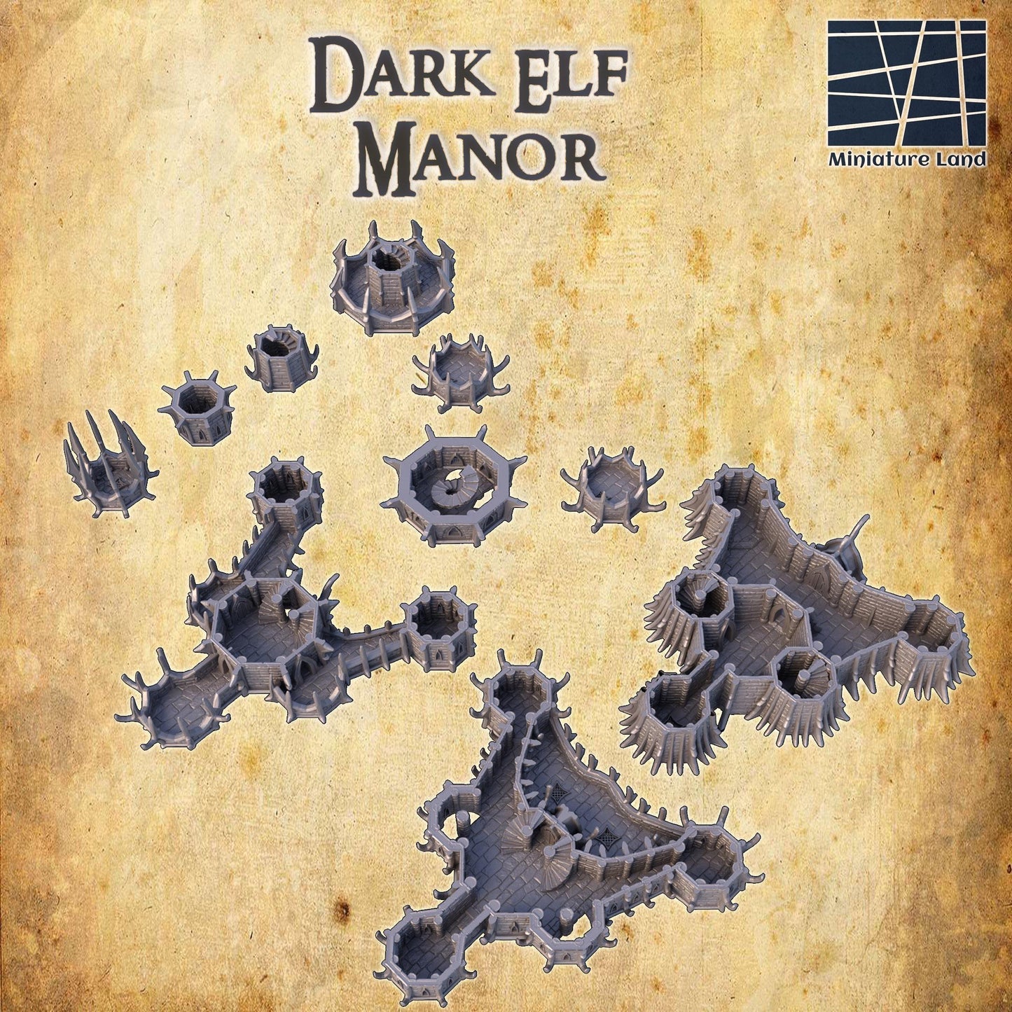 Dark Elf Manor - Tabletop Terrain - 28 MM, Tabletop 3D Printed Terrain by MiniatureLand, Perfect for Wargaming and RPGs
