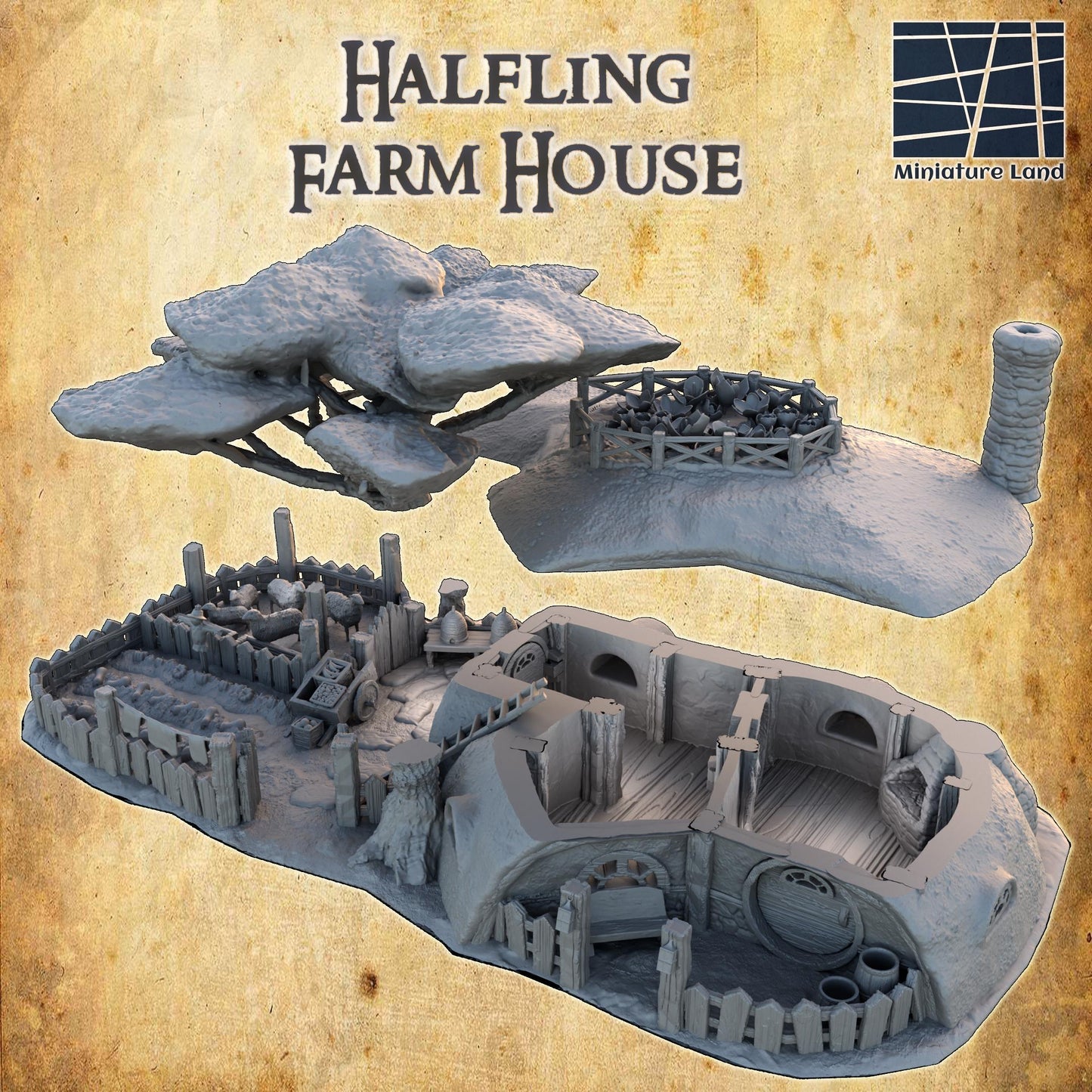 Halfling Farmhouse - Tabletop Terrain - 28 MM, Tabletop 3D Printed Terrain by MiniatureLand, Perfect for Wargaming and RPGs