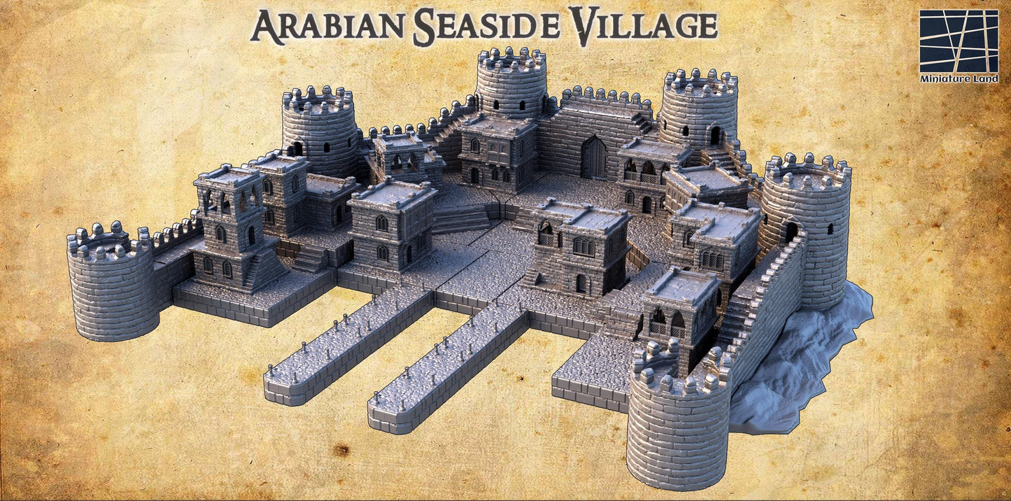 Arabian Seaside Village - Tabletop Terrain - 28 MM 3D Printed Terrain by MiniatureLand, Perfect for Wargaming and RPGs