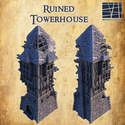 Ruined Tower House - Tabletop Terrain - 28 MM, Tabletop 3D Printed Terrain by MiniatureLand, Perfect for Wargaming and RPGs