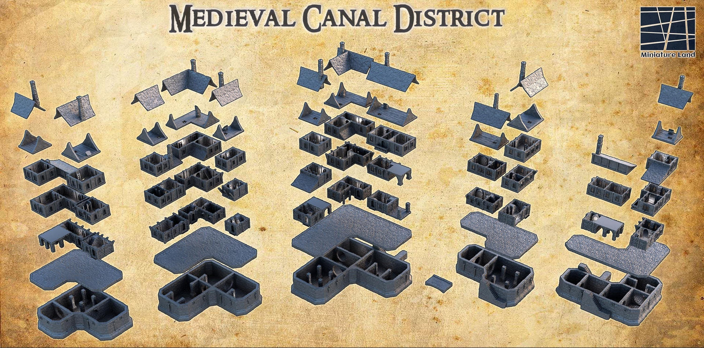 Medieval Canal District - Tabletop Terrain - 28 MM, Tabletop 3D Printed Terrain by MiniatureLand, Perfect for Wargaming and RPGs