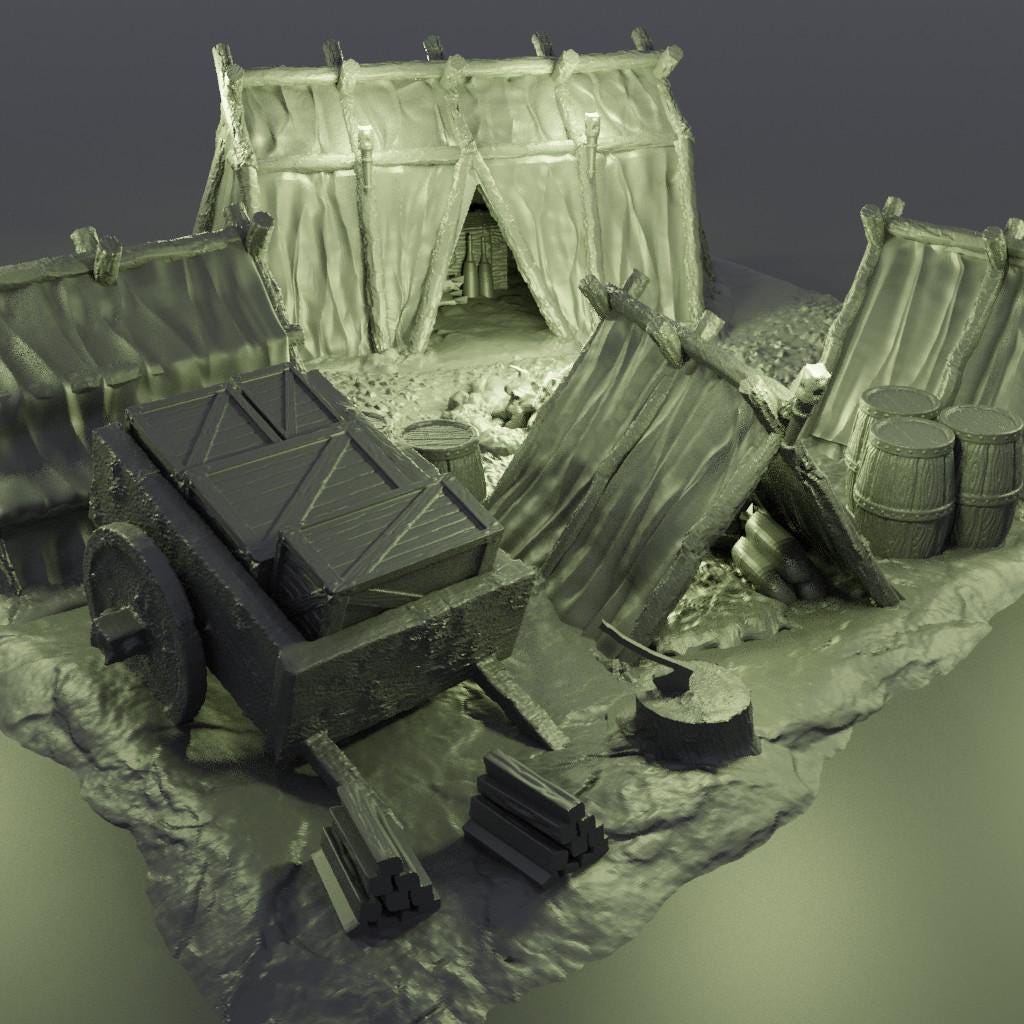 Adventurer Campsite - Tabletop Terrain - 28 MM, Tabletop 3D Printed Terrain by MiniatureLand, Perfect for Wargaming and RPGs