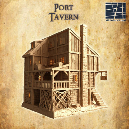 Port Tavern - Tabletop Terrain - 28 MM, Tabletop 3D Printed Terrain by MiniatureLand, Perfect for Wargaming and RPGs