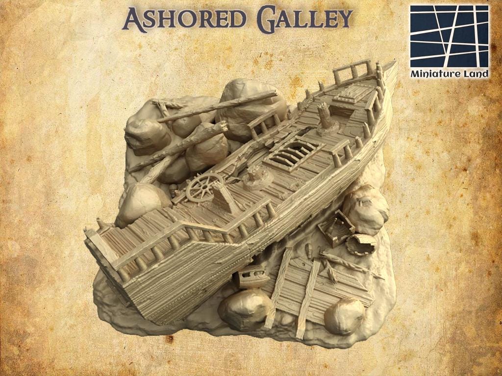 Ashored Galley - Tabletop Terrain - 28 MM, Tabletop 3D Printed Terrain by MiniatureLand, Perfect for Wargaming and RPGs
