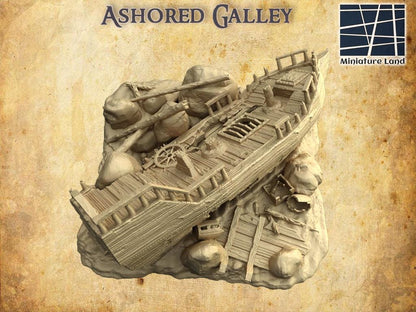 Ashored Galley - Tabletop Terrain - 28 MM, Tabletop 3D Printed Terrain by MiniatureLand, Perfect for Wargaming and RPGs