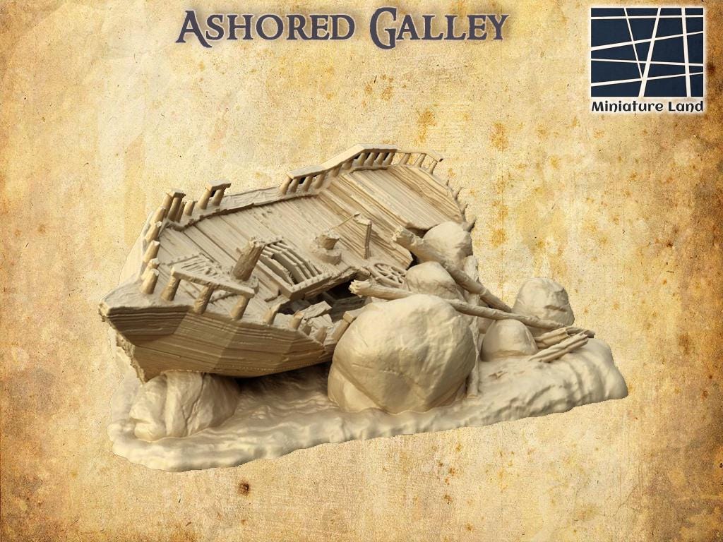 Ashored Galley - Tabletop Terrain - 28 MM, Tabletop 3D Printed Terrain by MiniatureLand, Perfect for Wargaming and RPGs