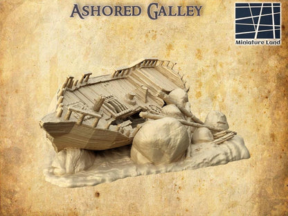 Ashored Galley - Tabletop Terrain - 28 MM, Tabletop 3D Printed Terrain by MiniatureLand, Perfect for Wargaming and RPGs