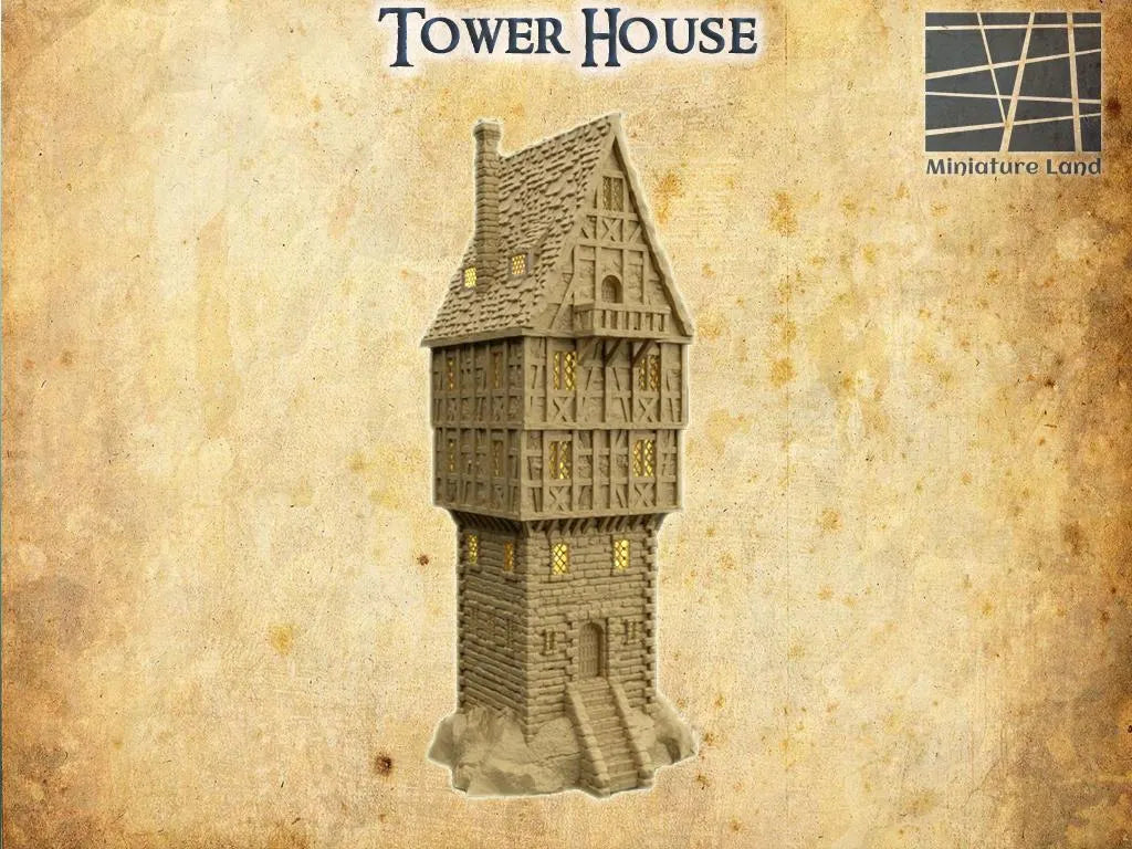 Tower House - Tabletop Terrain - 28 MM, Tabletop 3D Printed Terrain by MiniatureLand, Perfect for Wargaming and RPGs