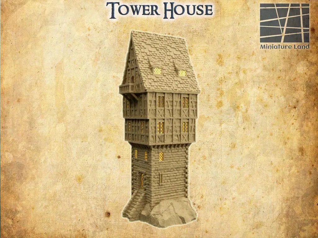 Tower House - Tabletop Terrain - 28 MM, Tabletop 3D Printed Terrain by MiniatureLand, Perfect for Wargaming and RPGs