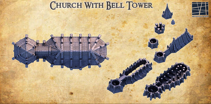 Church With Bell Tower - Tabletop Terrain - 28 MM, Tabletop 3D Printed Terrain by MiniatureLand, Perfect for Wargaming and RPGs