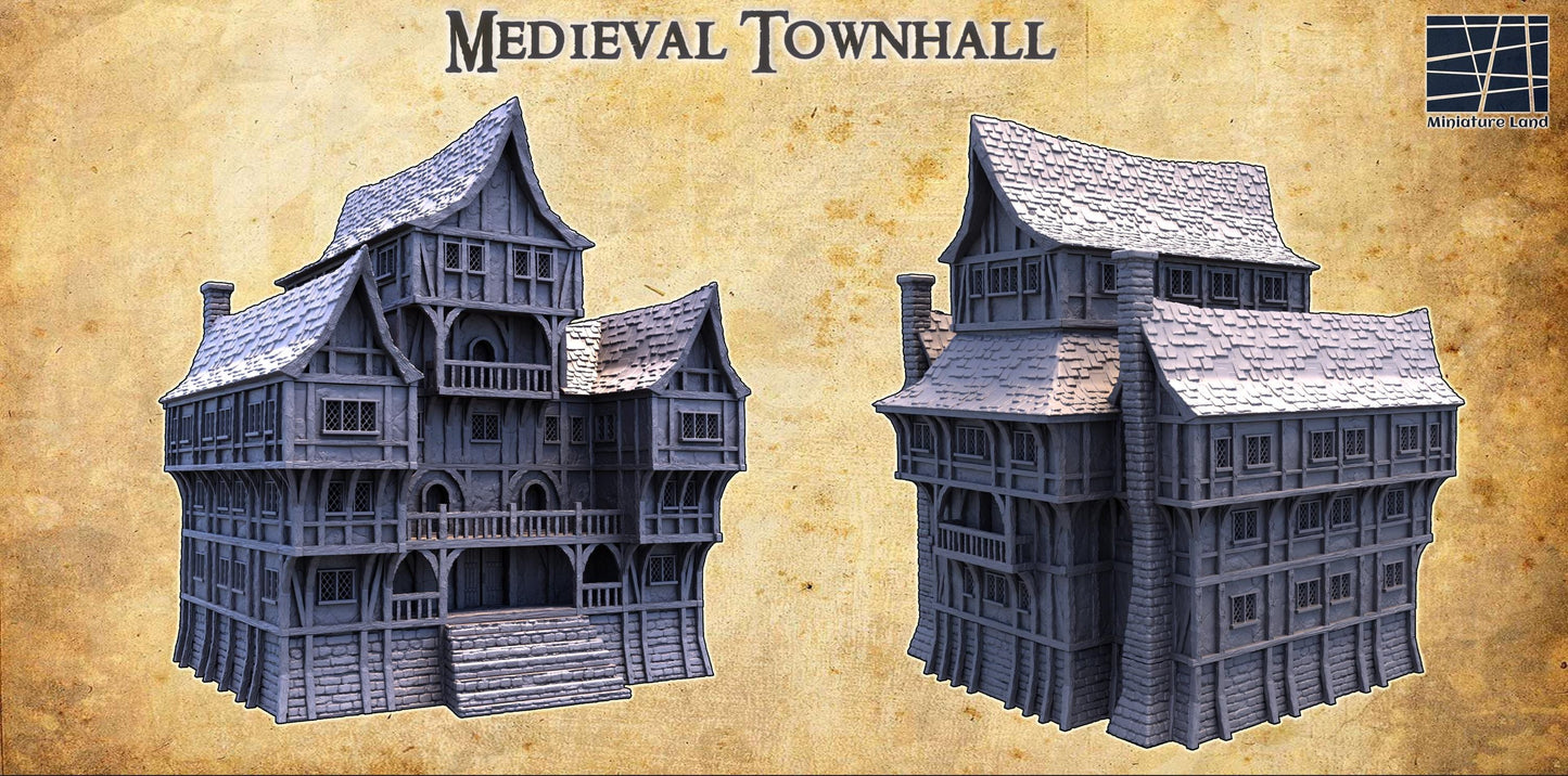 Medieval Townhall - Tabletop Terrain - 28 MM, Tabletop 3D Printed Terrain by MiniatureLand, Perfect for Wargaming and RPGs