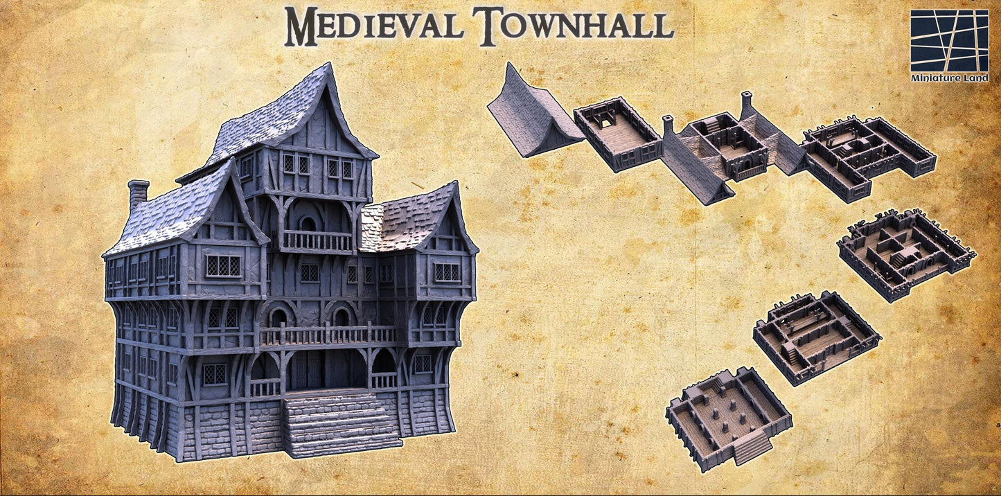 Medieval Townhall - Tabletop Terrain - 28 MM, Tabletop 3D Printed Terrain by MiniatureLand, Perfect for Wargaming and RPGs
