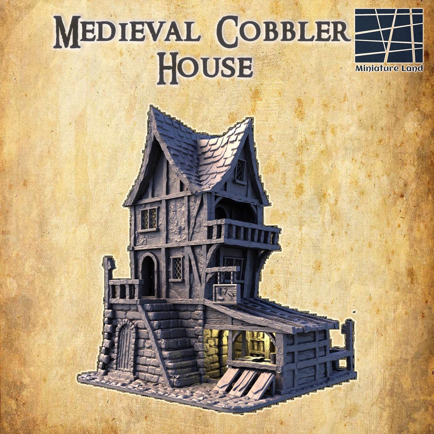 Medieval Cobbler House - Tabletop Terrain - 28 MM, Tabletop 3D Printed Terrain by MiniatureLand, Perfect for Wargaming and RPGs