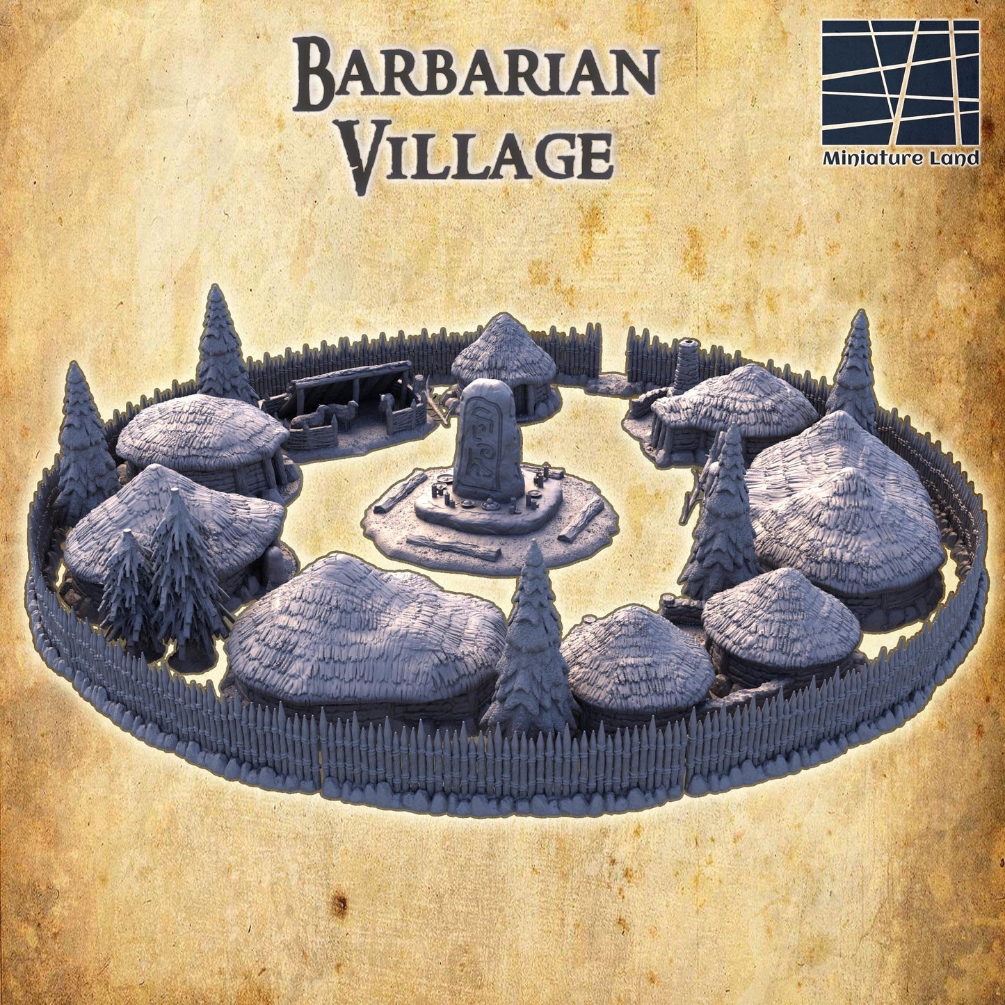 Barbarian Village - Tabletop Terrain - 28 MM, Tabletop 3D Printed Terrain by MiniatureLand, Perfect for Wargaming and RPGs