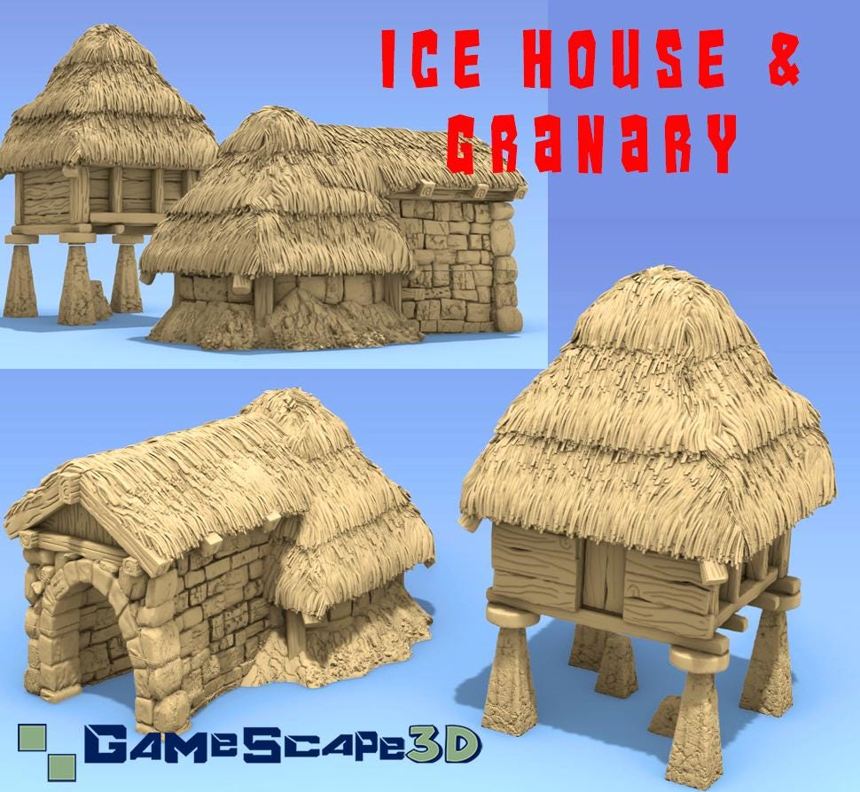Ice and Grain Store Houses by GameScape3D - 3D Printed Tabletop Terrain, Perfect for Wargames, Role playing games, Tabletop games