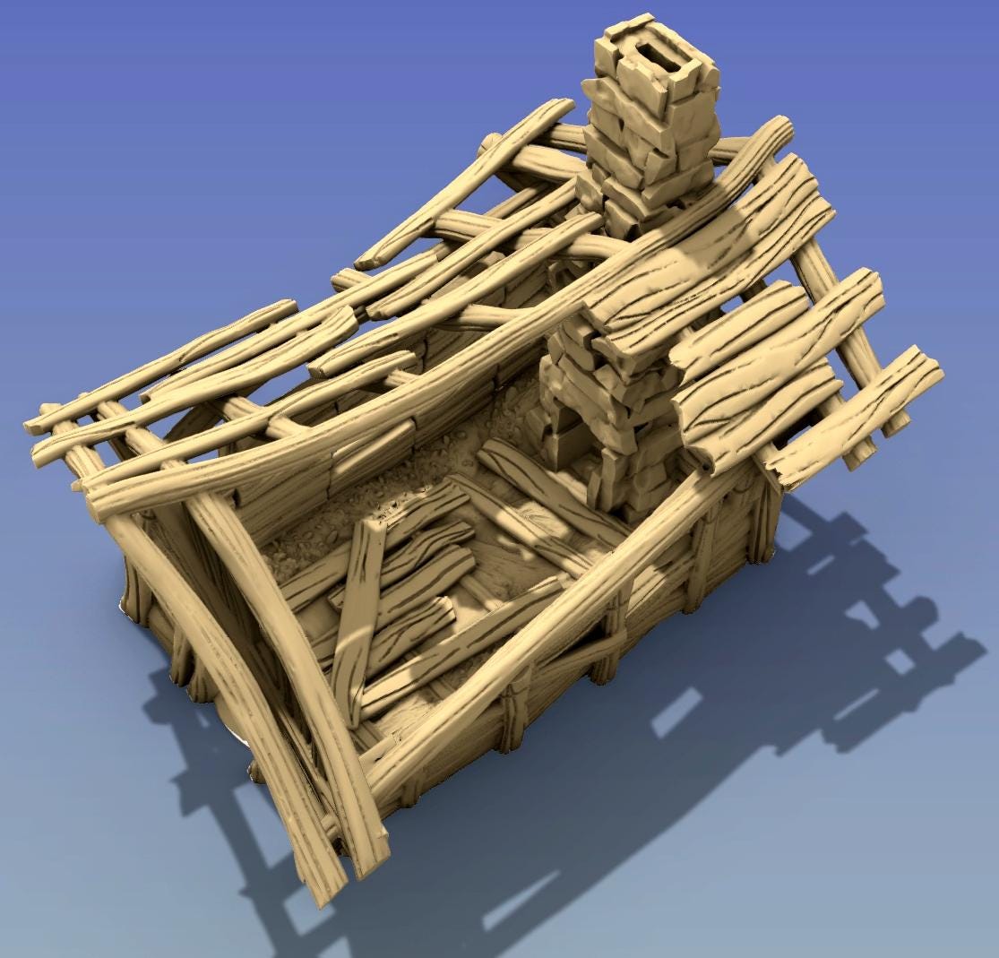 Leaning Shack Ruin by GameScape3D - 3D Printed Tabletop Terrain, Perfect for Wargames, Role playing games, Tabletop games