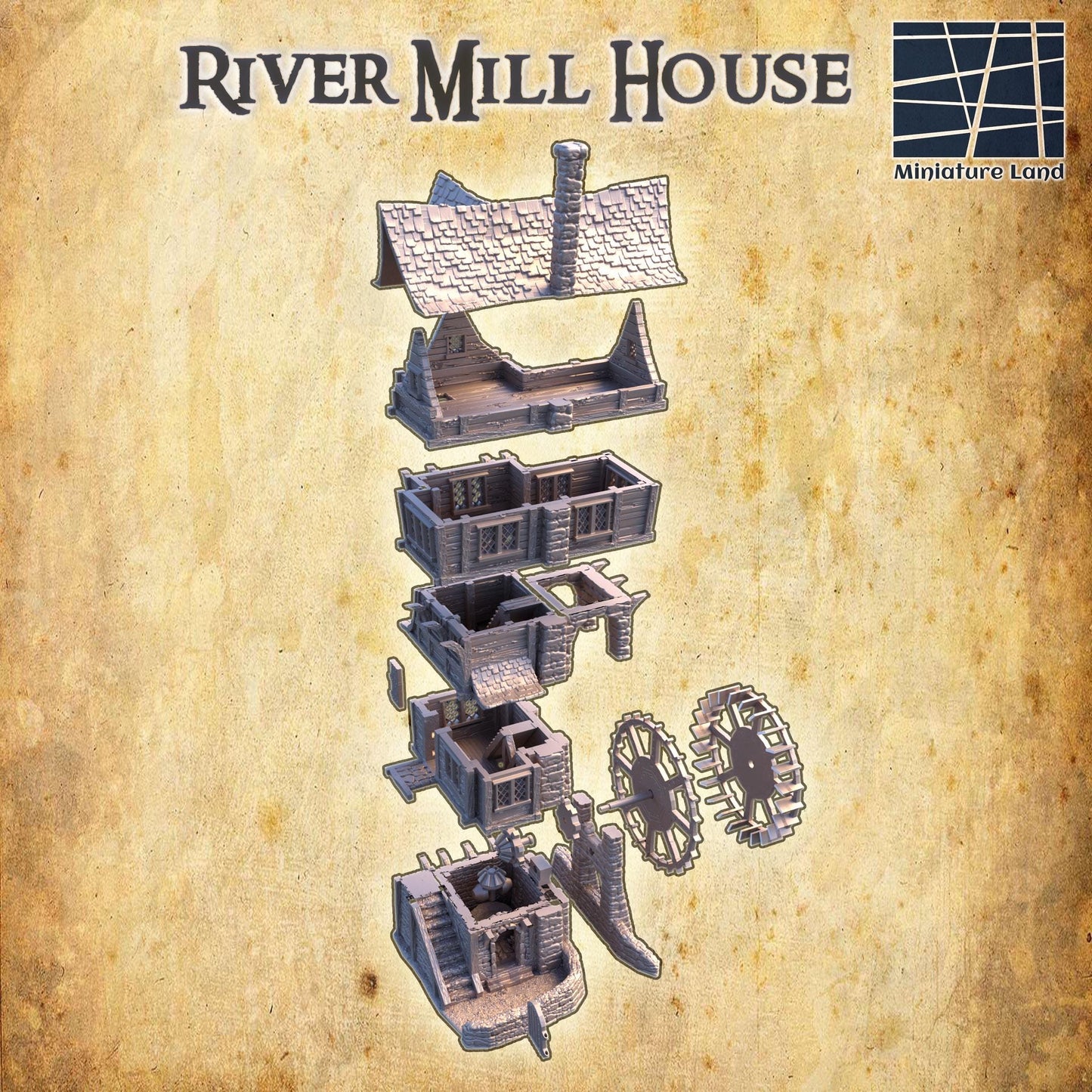 River Mill House - Tabletop Terrain - 28 MM, Tabletop 3D Printed Terrain by MiniatureLand, Perfect for Wargaming and RPGs