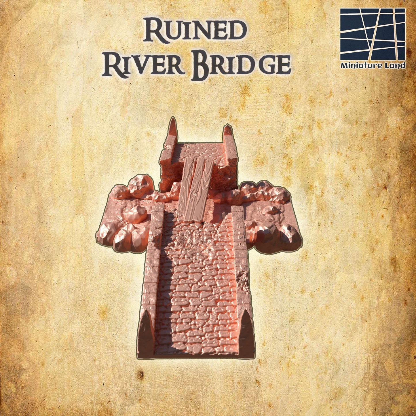 Ruined River Bridge - Tabletop Terrain - 28 MM, Tabletop 3D Printed Terrain by MiniatureLand, Perfect for Wargaming and RPGs