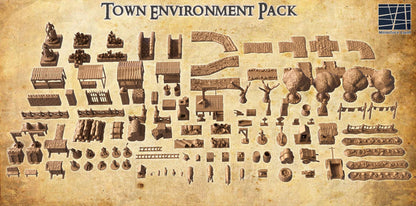 Town Environment Pack - Tabletop Terrain - 28 MM, Tabletop 3D Printed Terrain by MiniatureLand, Perfect for Wargaming and RPGs