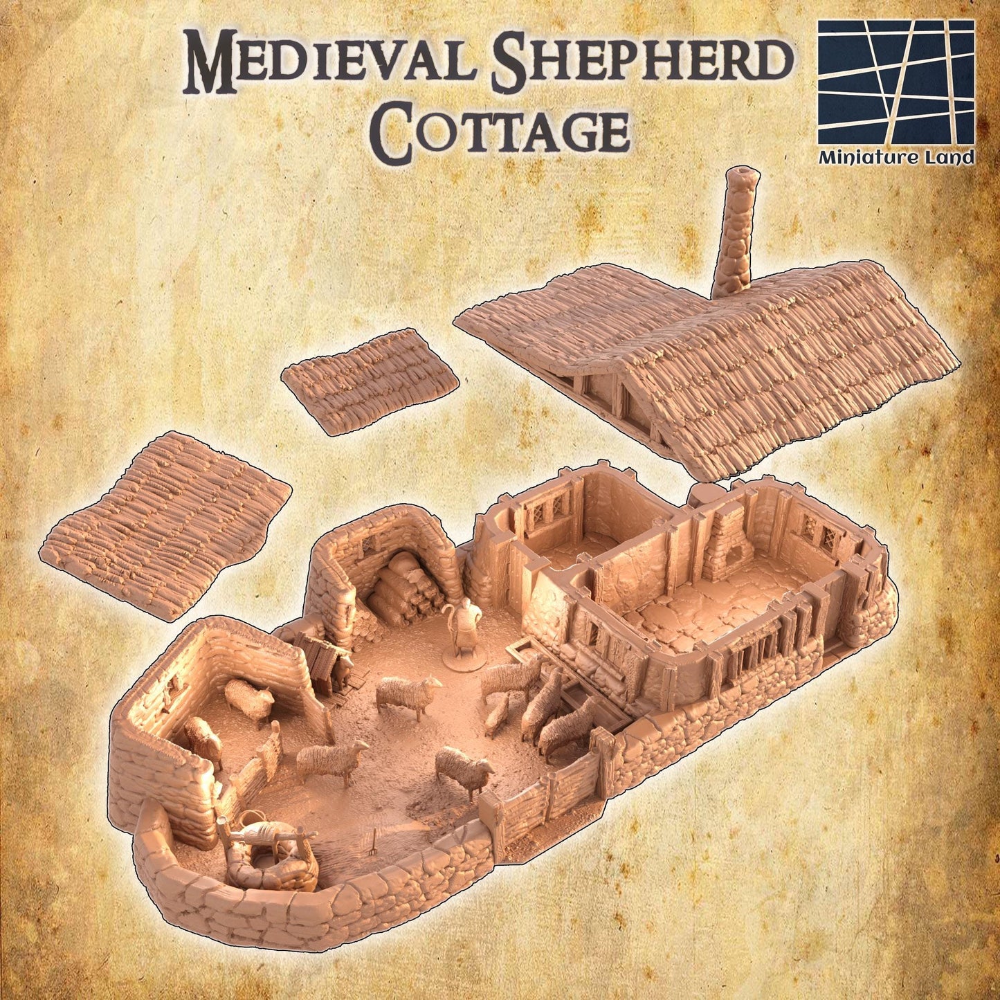 Medieval Shepherd Cottage - Tabletop Terrain - 28 MM, Tabletop 3D Printed Terrain by MiniatureLand, Perfect for Wargaming and RPGs