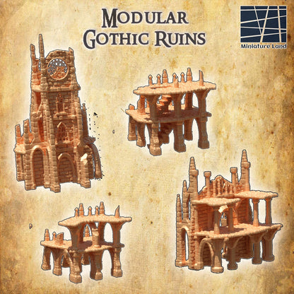 Modular Gothic Ruins - Tabletop Terrain - 28 MM, Tabletop 3D Printed Terrain by MiniatureLand, Perfect for Wargaming and RPGs