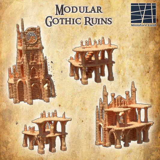 Modular Gothic Ruins - Tabletop Terrain - 28 MM, Tabletop 3D Printed Terrain by MiniatureLand, Perfect for Wargaming and RPGs