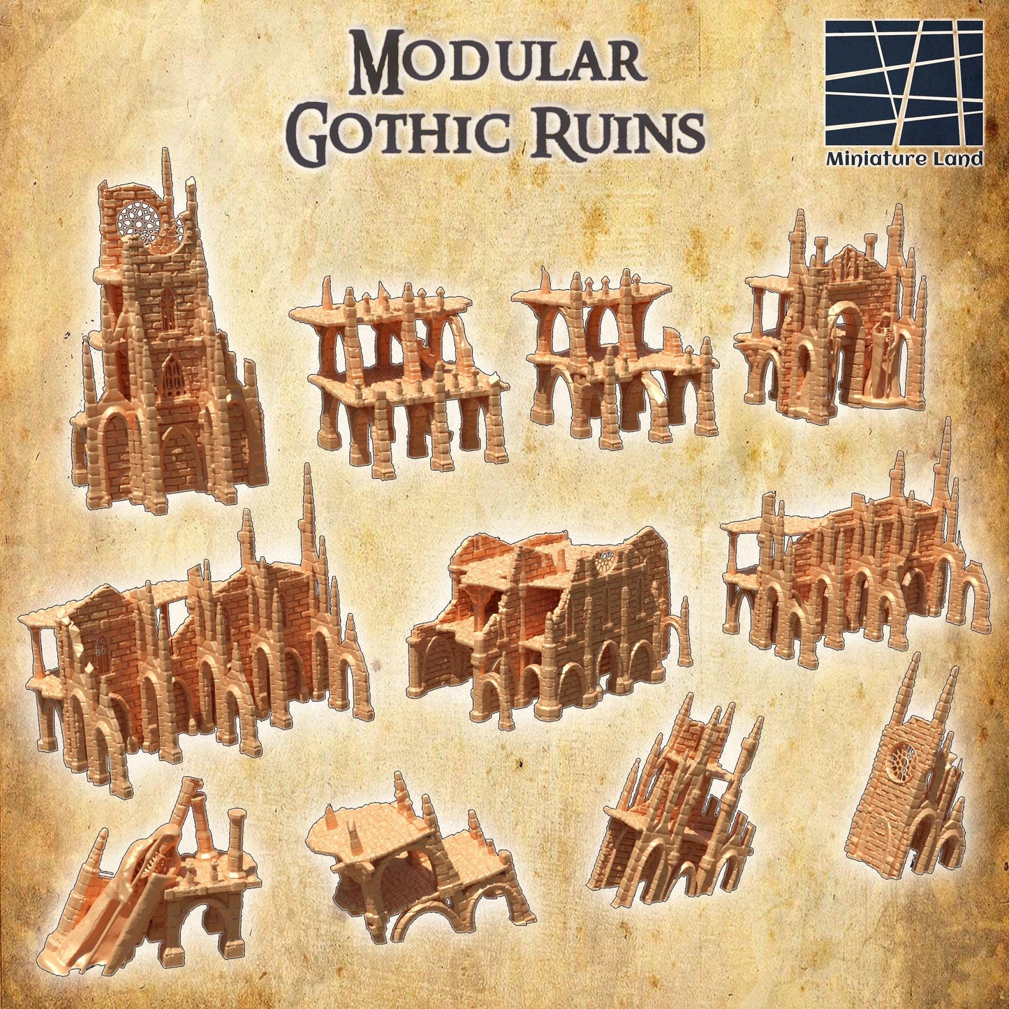 Modular Gothic Ruins - Tabletop Terrain - 28 MM, Tabletop 3D Printed Terrain by MiniatureLand, Perfect for Wargaming and RPGs