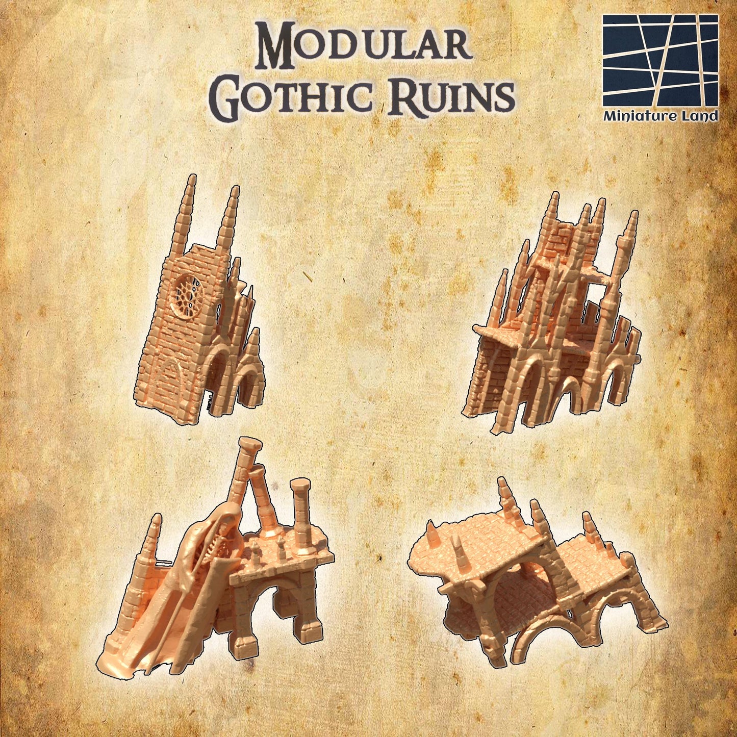 Modular Gothic Ruins - Tabletop Terrain - 28 MM, Tabletop 3D Printed Terrain by MiniatureLand, Perfect for Wargaming and RPGs