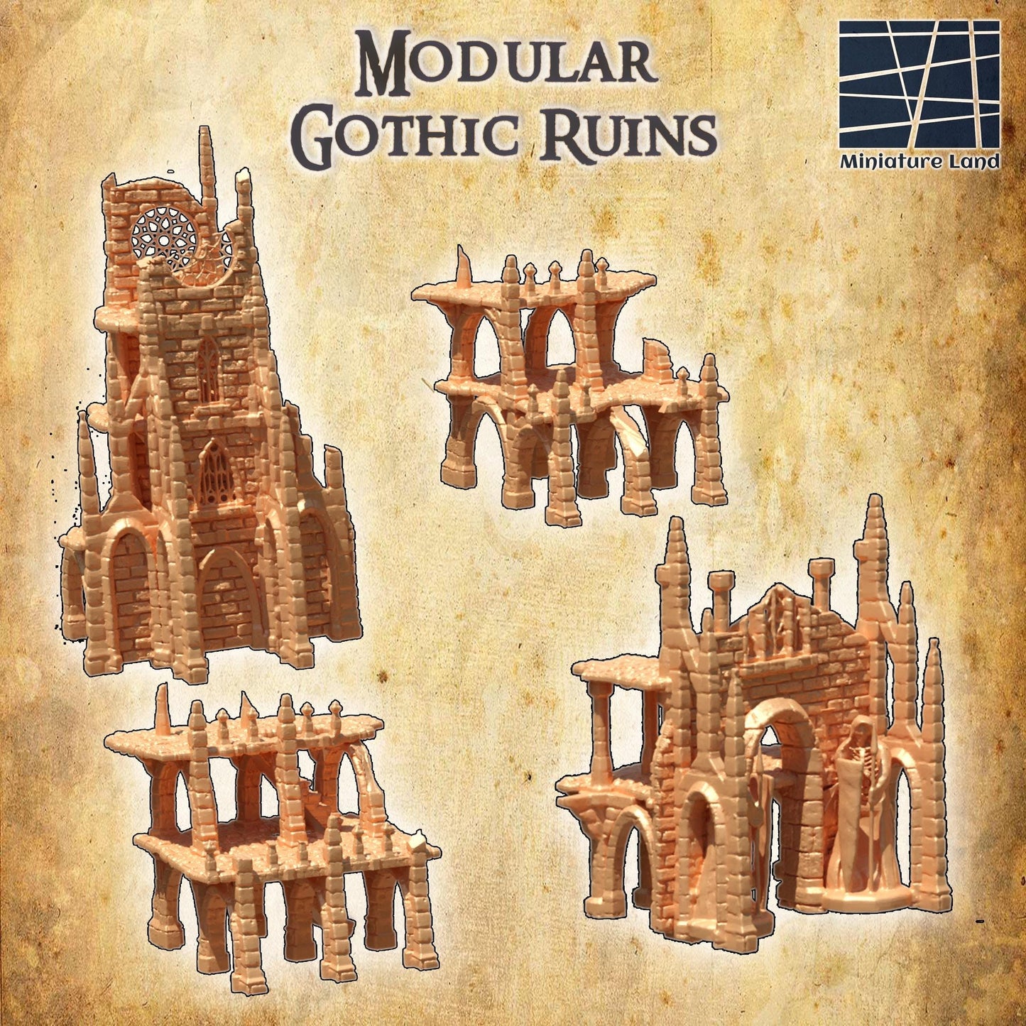 Modular Gothic Ruins - Tabletop Terrain - 28 MM, Tabletop 3D Printed Terrain by MiniatureLand, Perfect for Wargaming and RPGs
