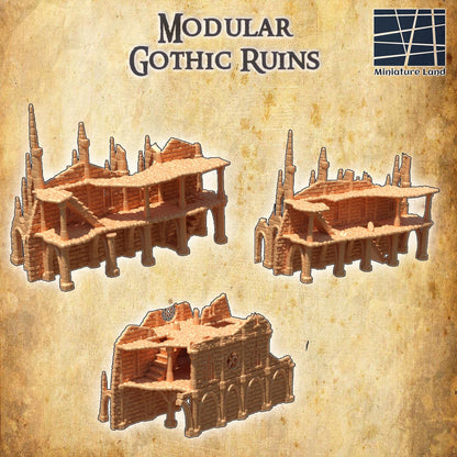 Modular Gothic Ruins - Tabletop Terrain - 28 MM, Tabletop 3D Printed Terrain by MiniatureLand, Perfect for Wargaming and RPGs